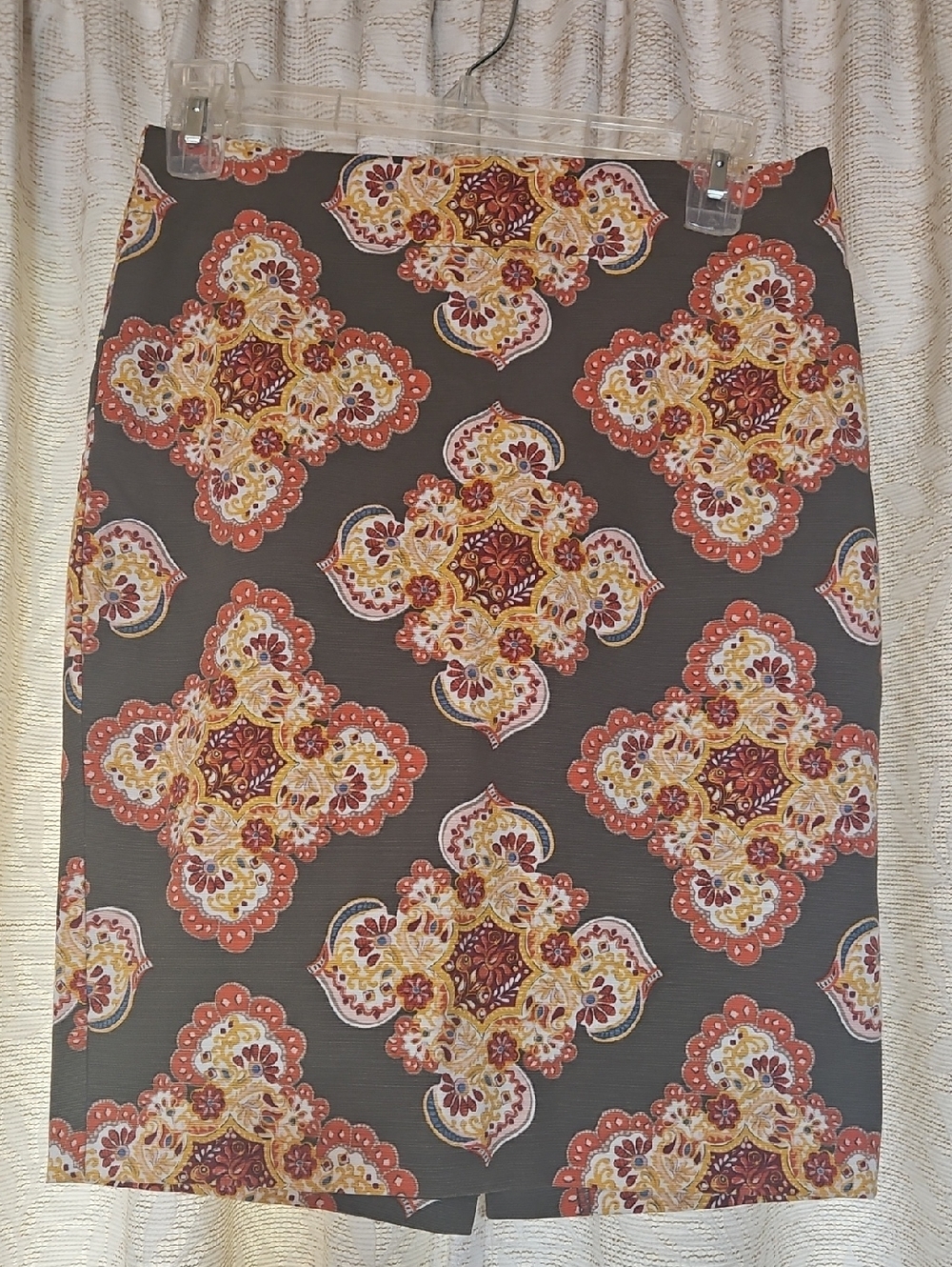 LOFT Olive Green Pencil Skirt with Warm Floral Medallion Print